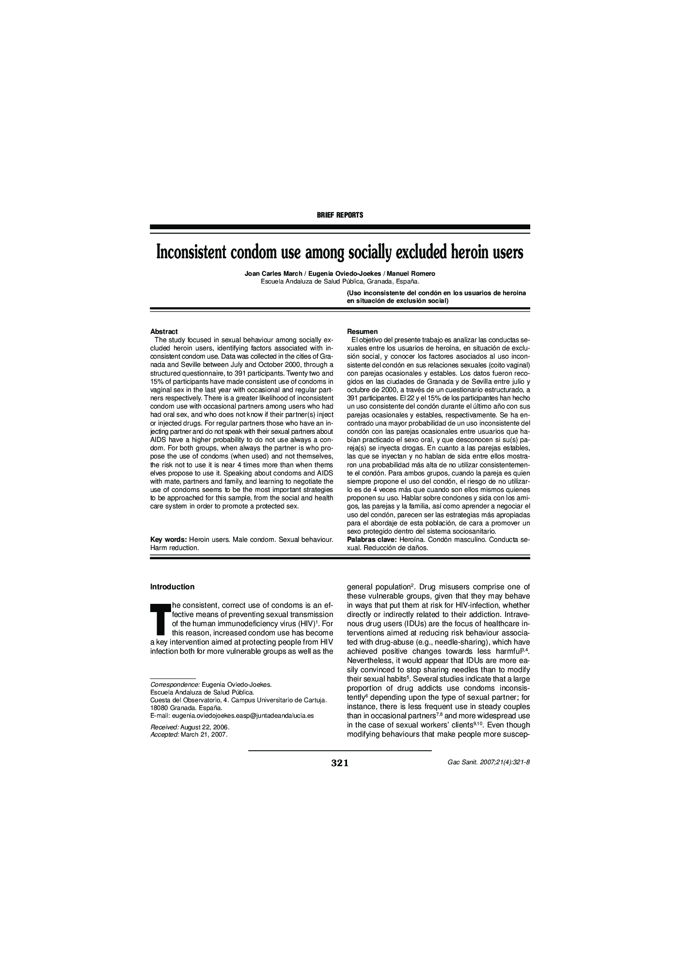 Inconsistent condom use among socially excluded heroin users