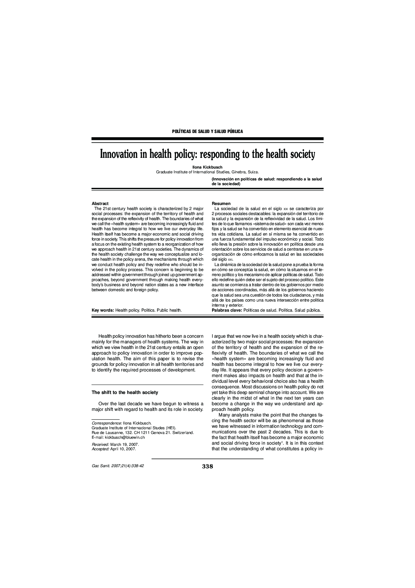 Innovation in health policy: responding to the health society