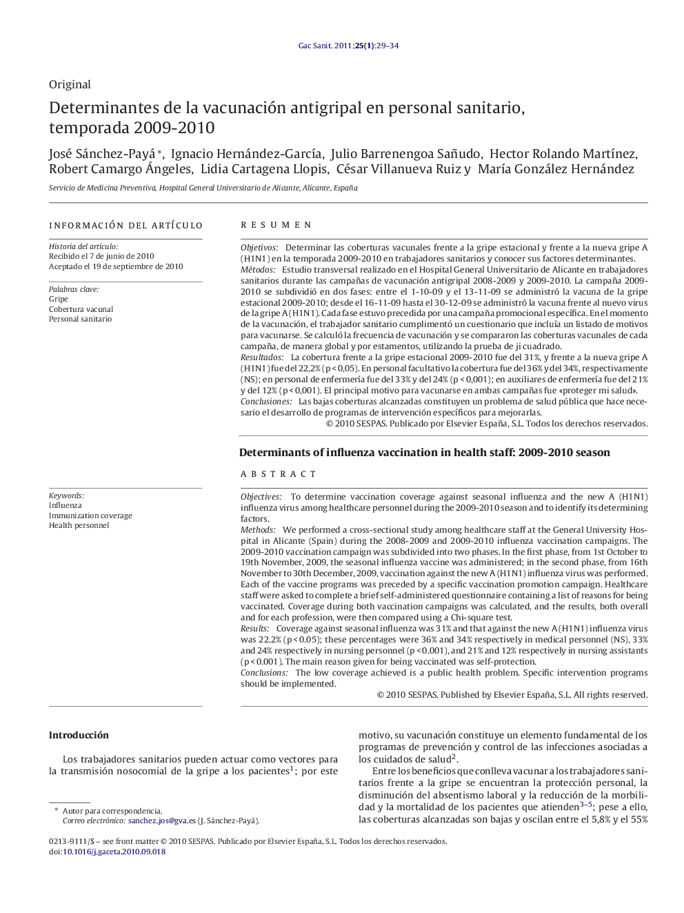 Determinantes de la vacunación antigripal en personal sanitario, temporada 2009-2010