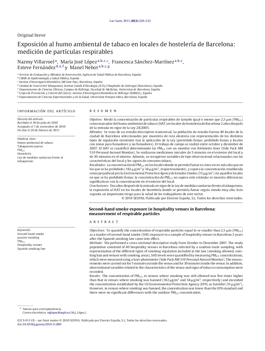 Exposición al humo ambiental de tabaco en locales de hostelería de Barcelona: medición de partículas respirables