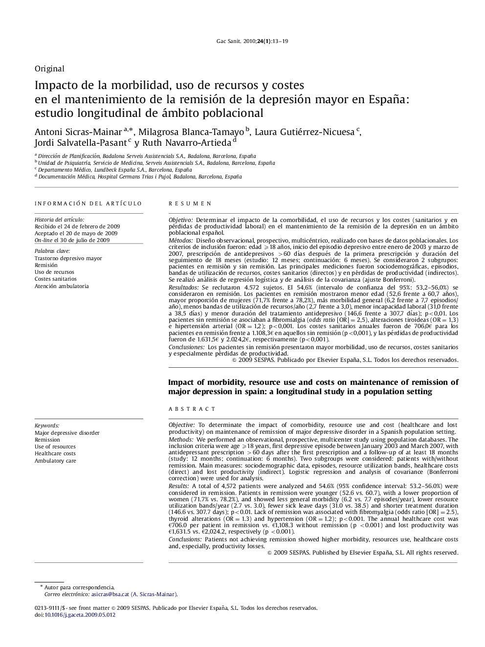 Impacto de la morbilidad, uso de recursos y costes en el mantenimiento de la remisión de la depresión mayor en España: estudio longitudinal de ámbito poblacional