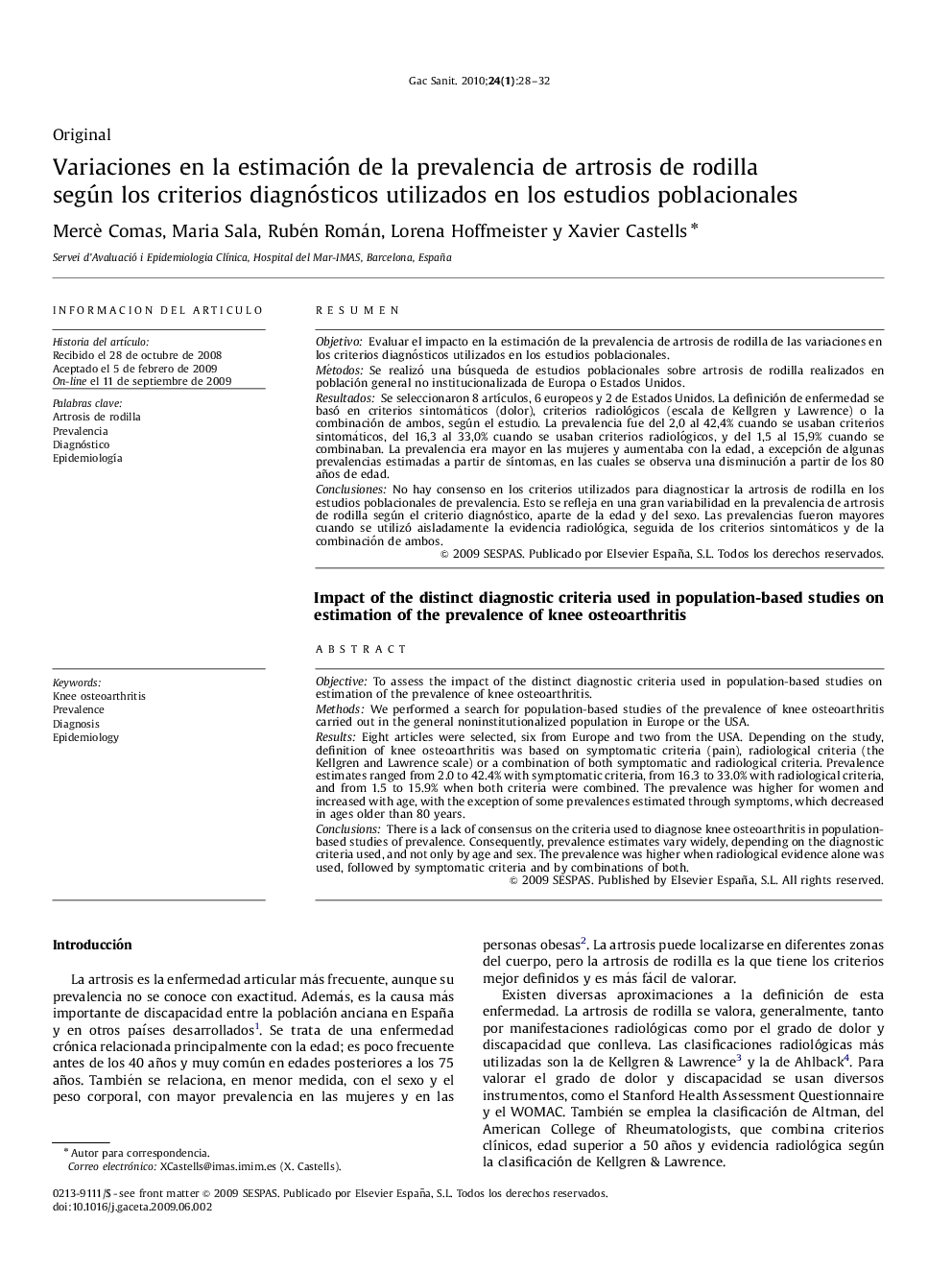 Variaciones en la estimación de la prevalencia de artrosis de rodilla según los criterios diagnósticos utilizados en los estudios poblacionales