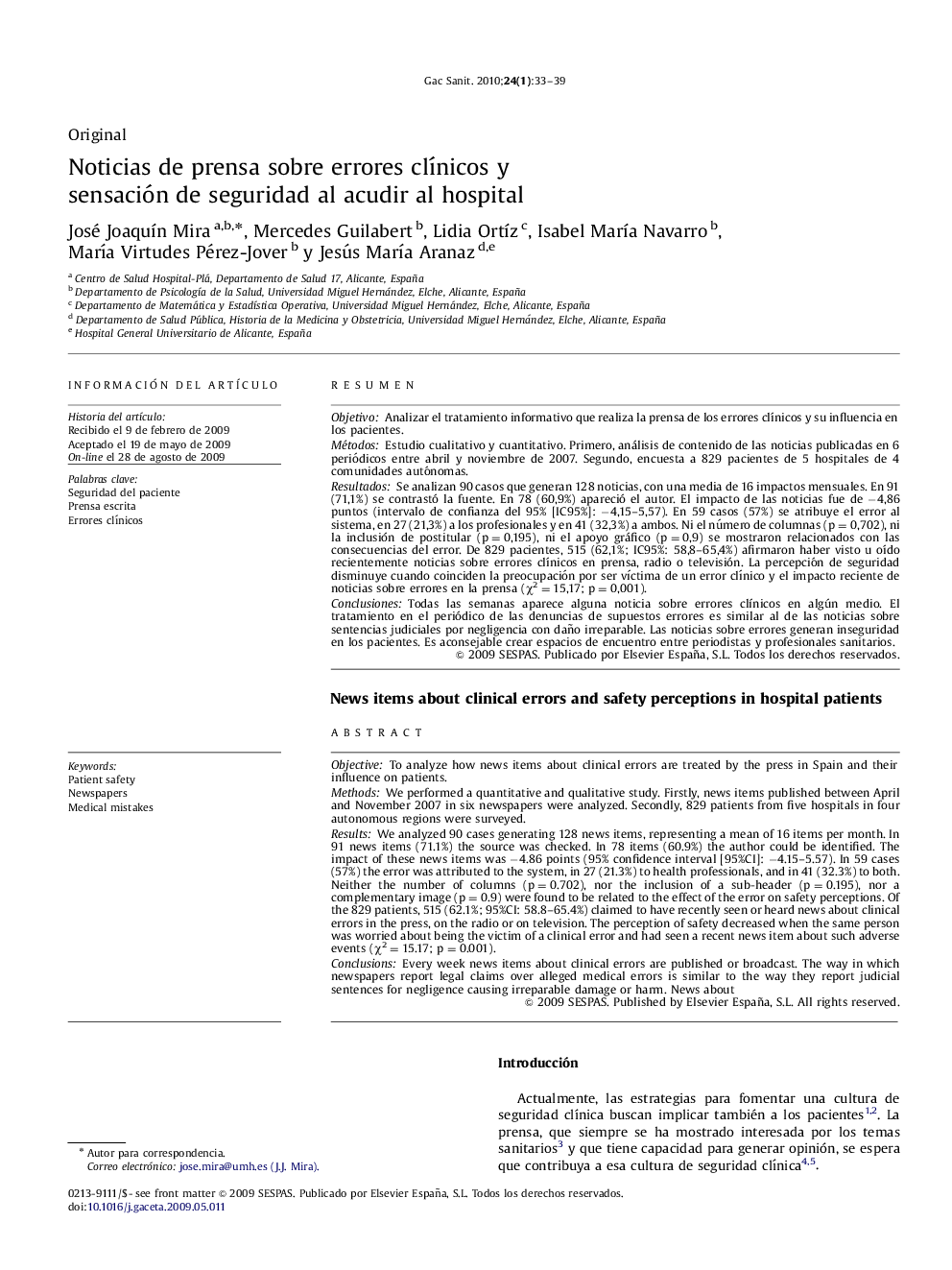 Noticias de prensa sobre errores clínicos y sensación de seguridad al acudir al hospital