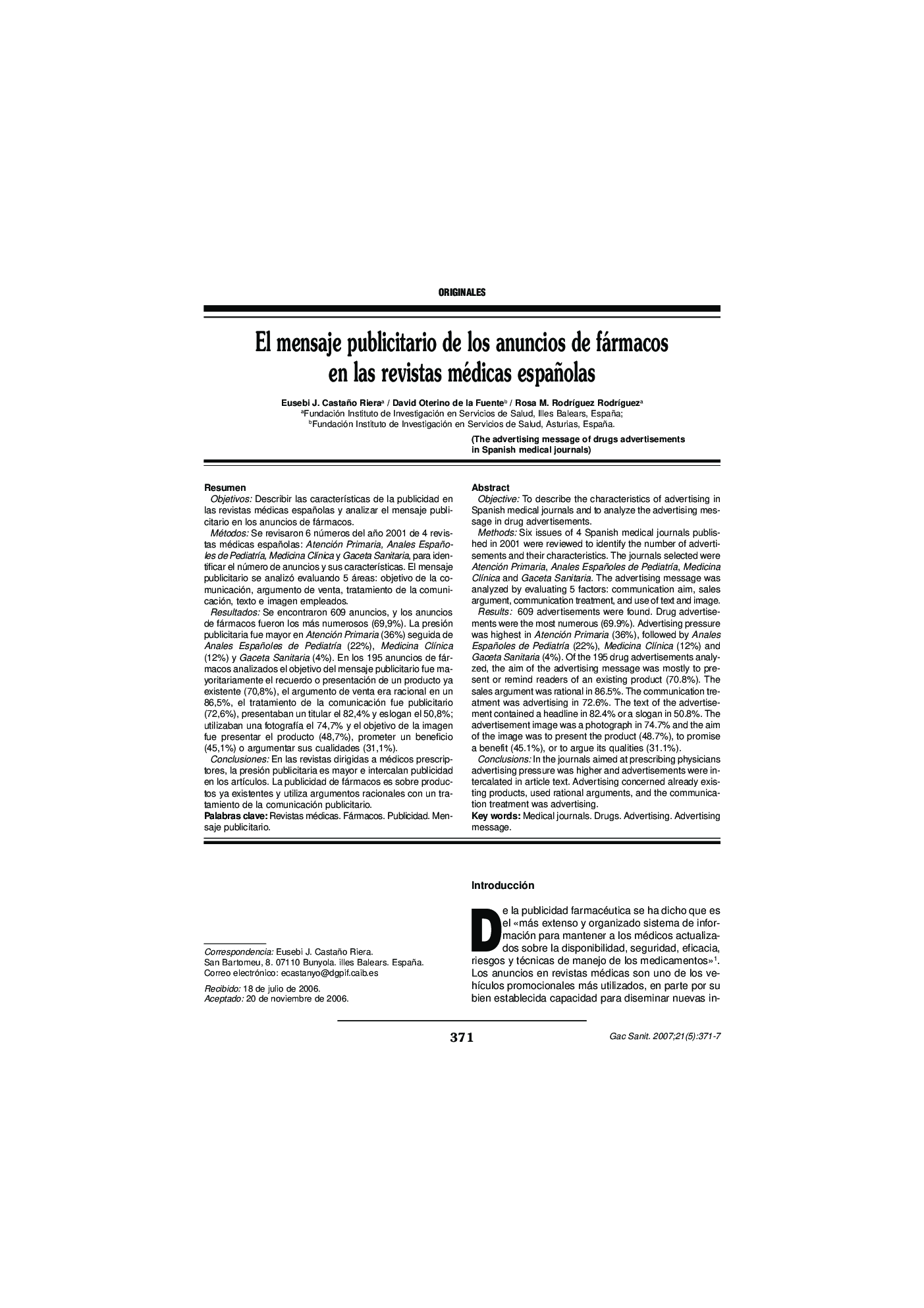 El mensaje publicitario de los anuncios de fármacos en las revistas médicas españolas
