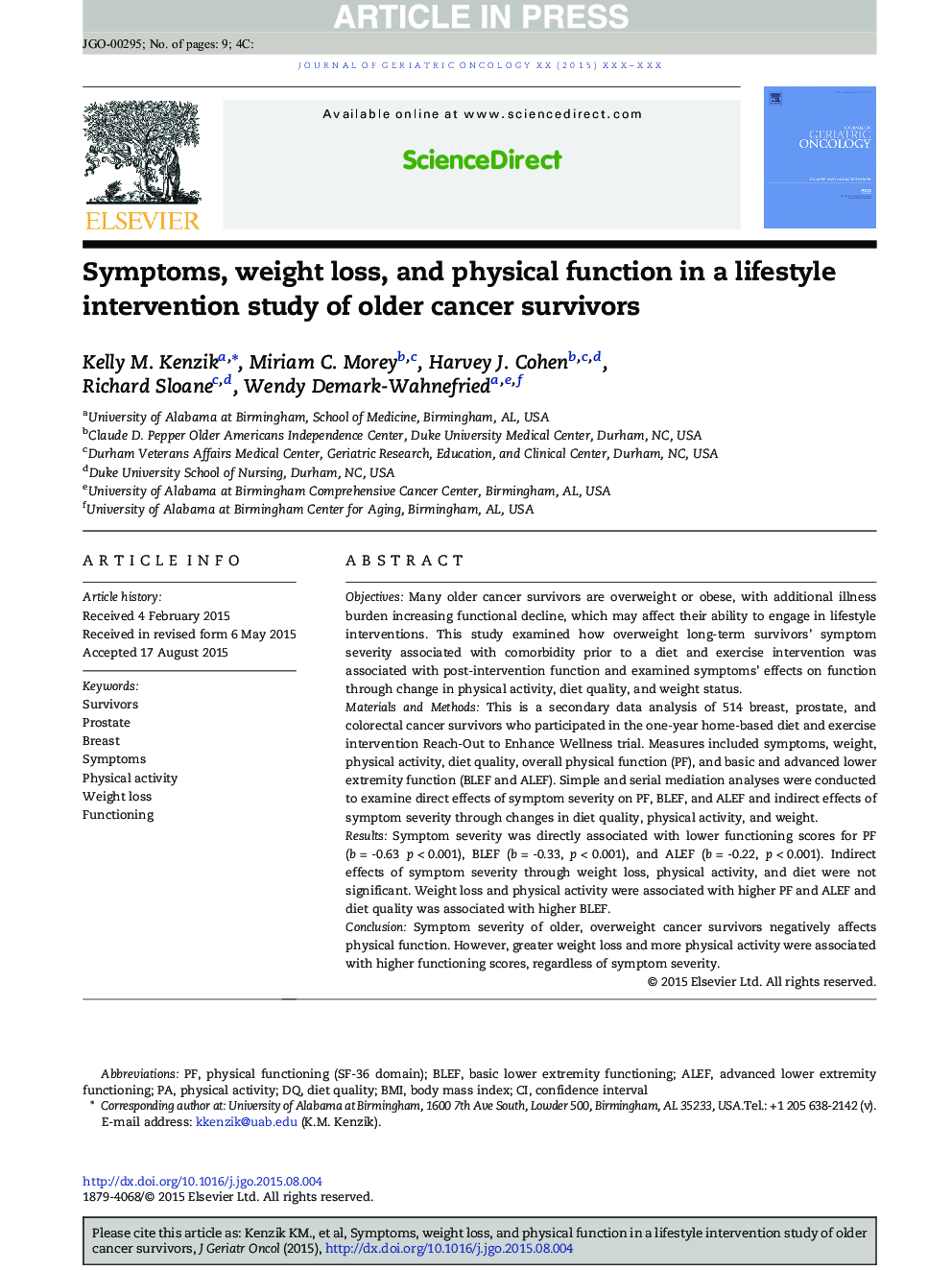 Symptoms, weight loss, and physical function in a lifestyle intervention study of older cancer survivors