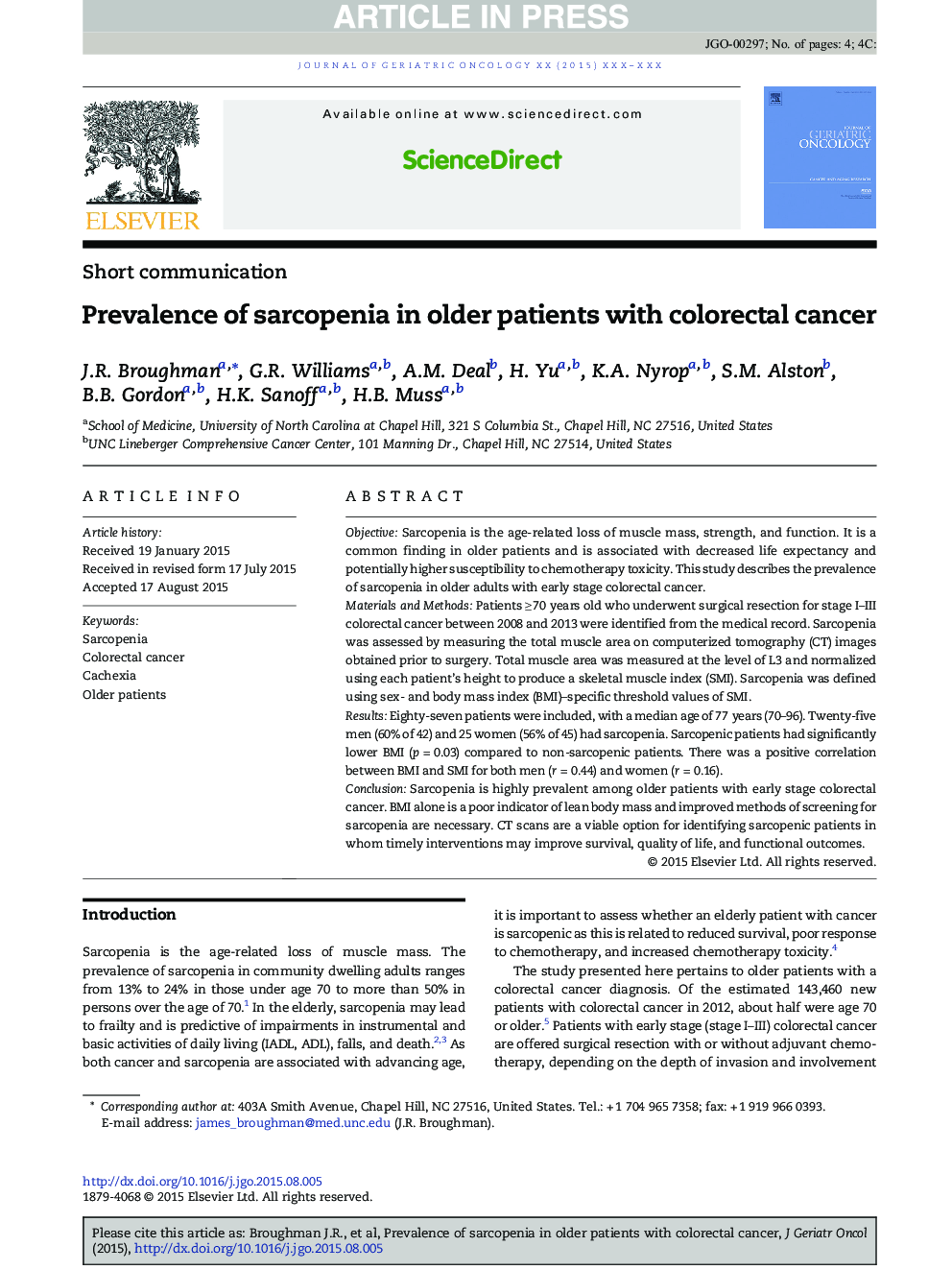 Prevalence of sarcopenia in older patients with colorectal cancer