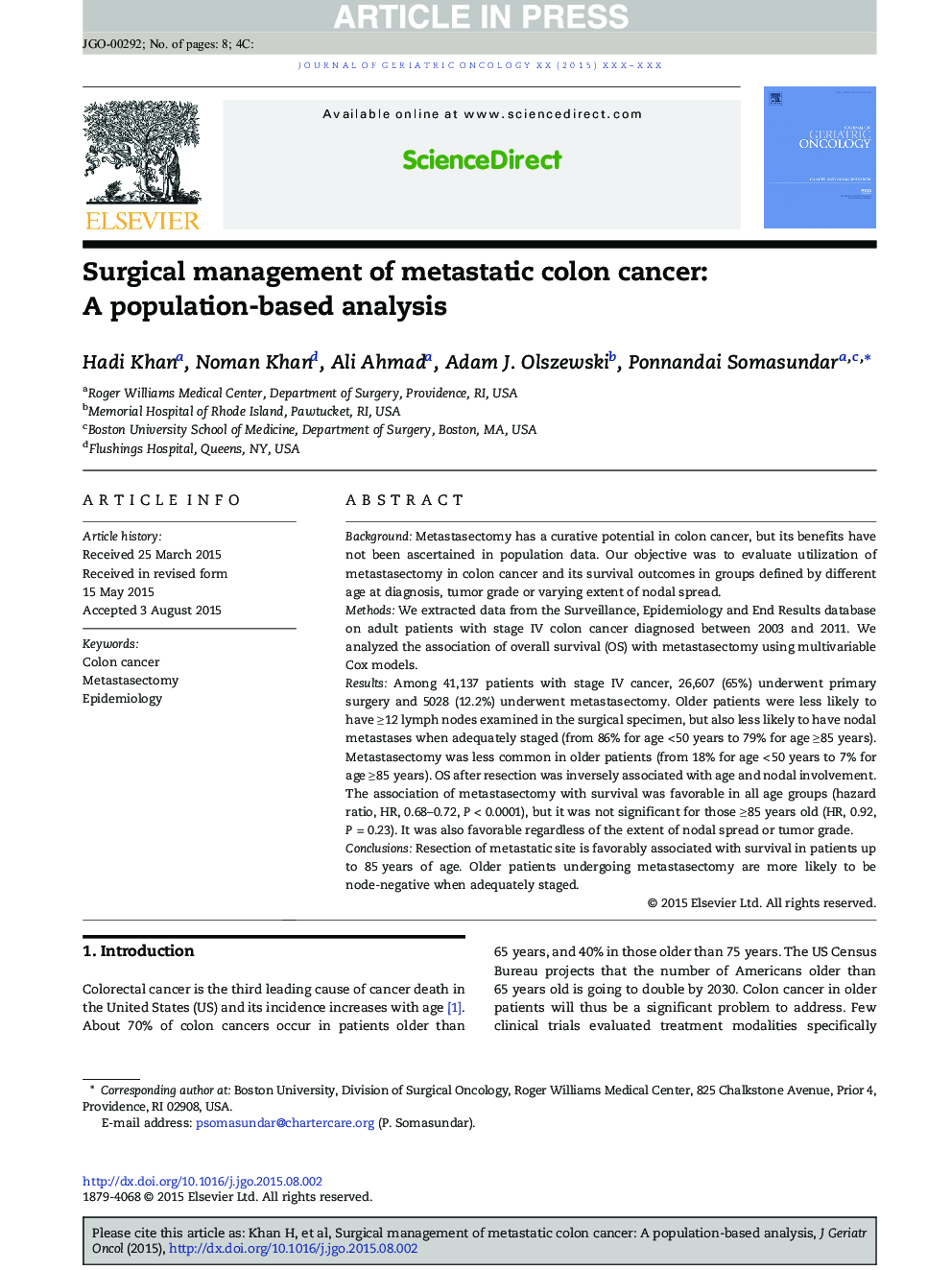 Surgical management of metastatic colon cancer: A population-based analysis