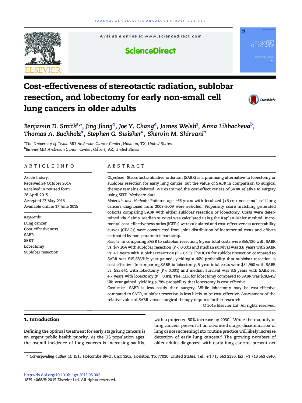 Cost-effectiveness of stereotactic radiation, sublobar resection, and lobectomy for early non-small cell lung cancers in older adults