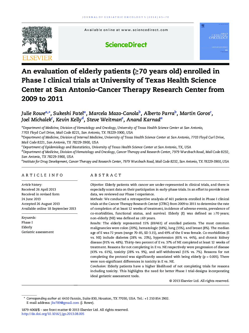 An evaluation of elderly patients (â¥Â 70Â years old) enrolled in Phase I clinical trials at University of Texas Health Science Center at San Antonio-Cancer Therapy Research Center from 2009 to 2011