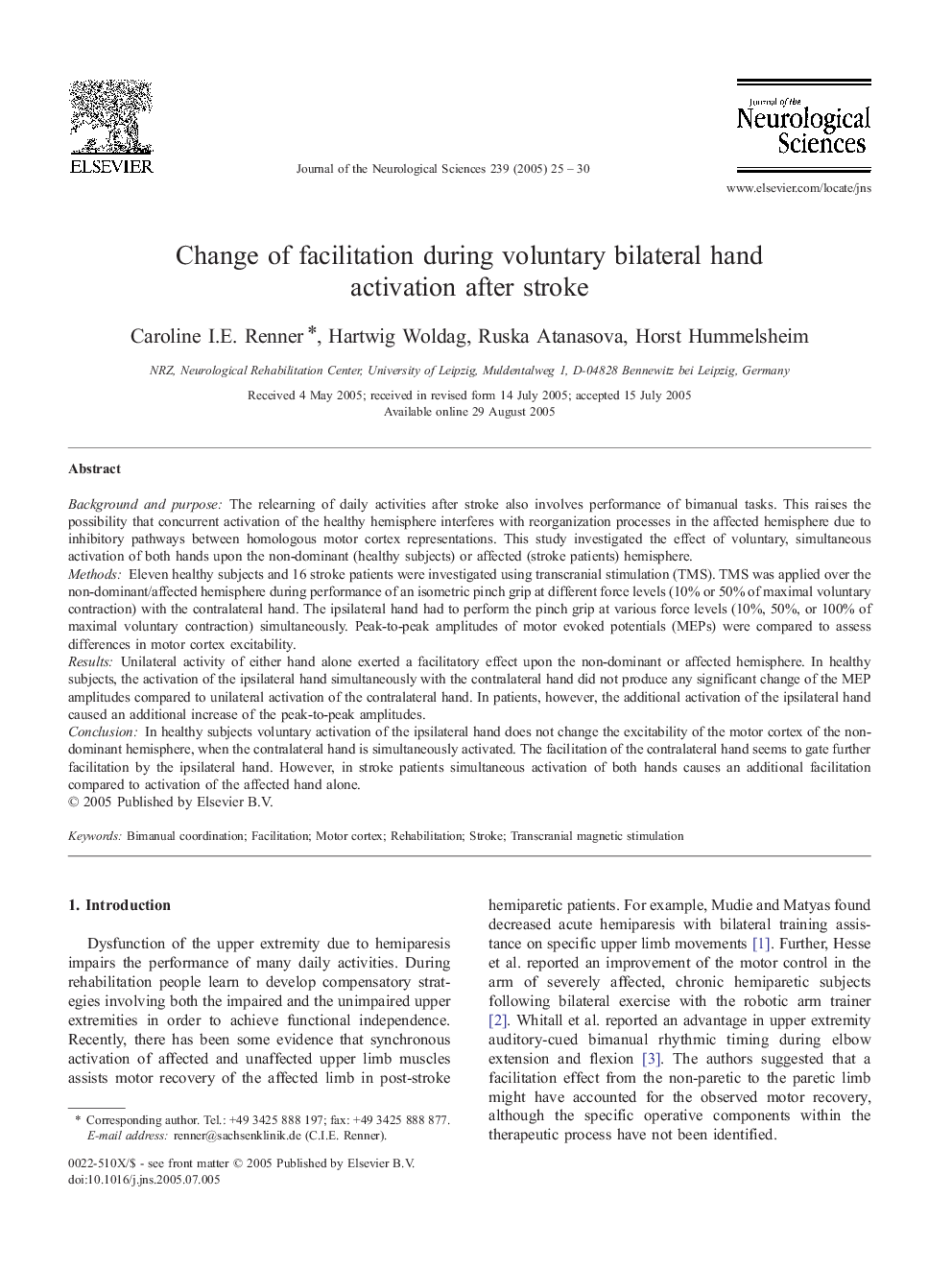 Change of facilitation during voluntary bilateral hand activation after stroke