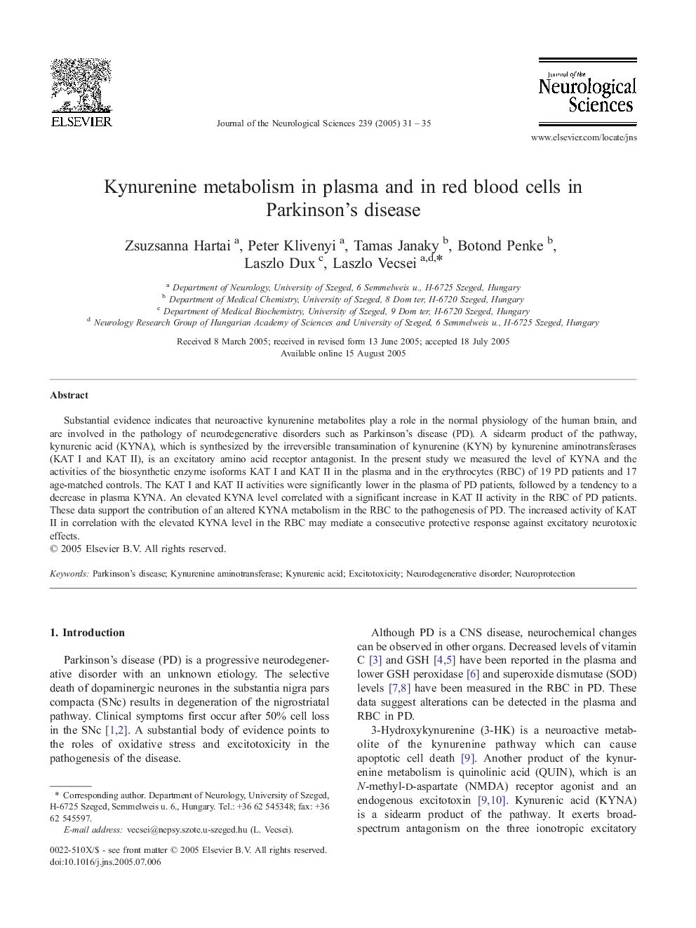 Kynurenine metabolism in plasma and in red blood cells in Parkinson's disease