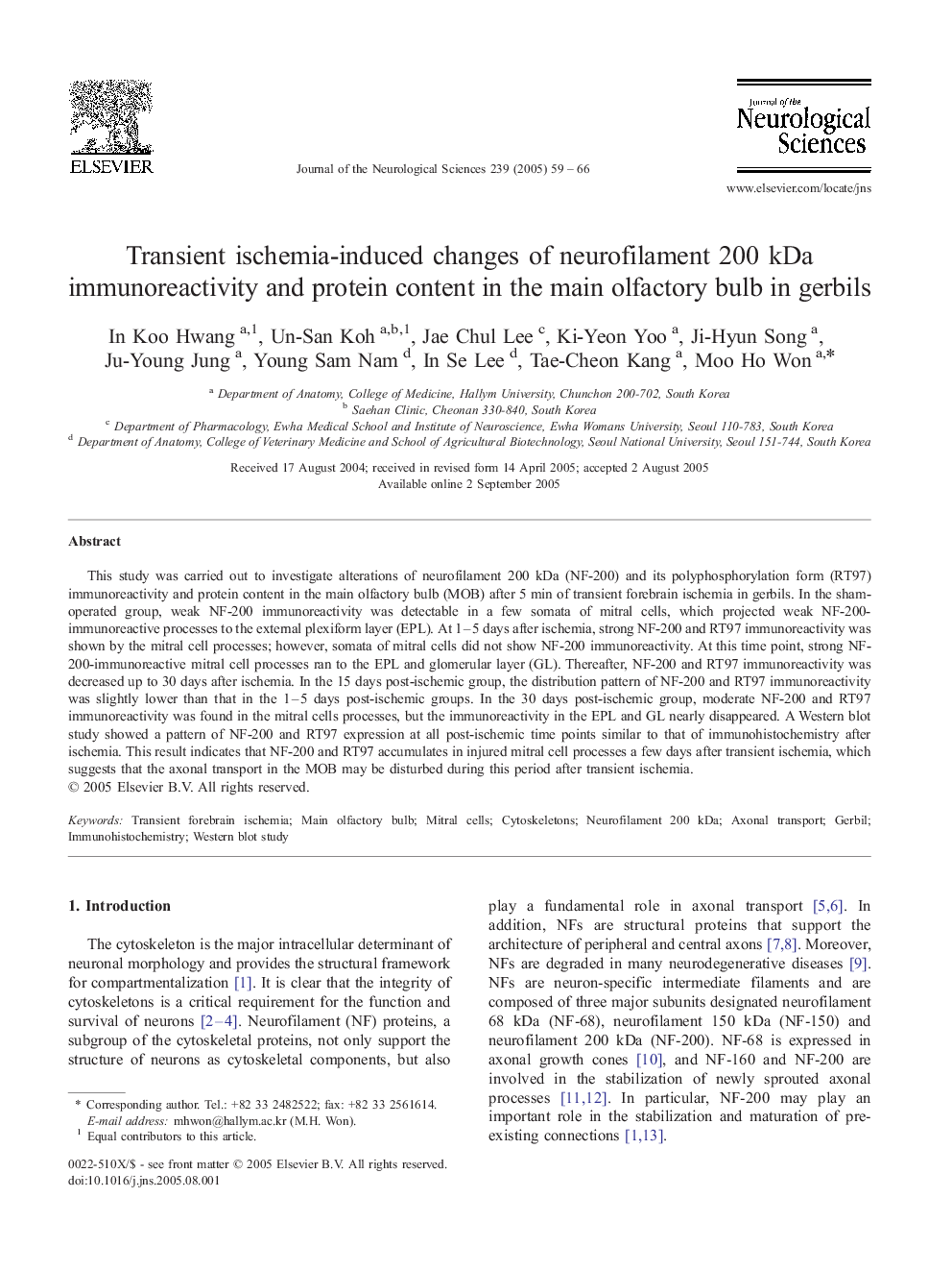 Transient ischemia-induced changes of neurofilament 200 kDa immunoreactivity and protein content in the main olfactory bulb in gerbils