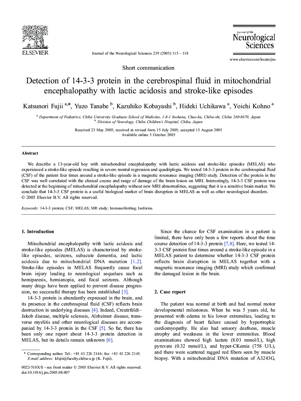 Detection of 14-3-3 protein in the cerebrospinal fluid in mitochondrial encephalopathy with lactic acidosis and stroke-like episodes