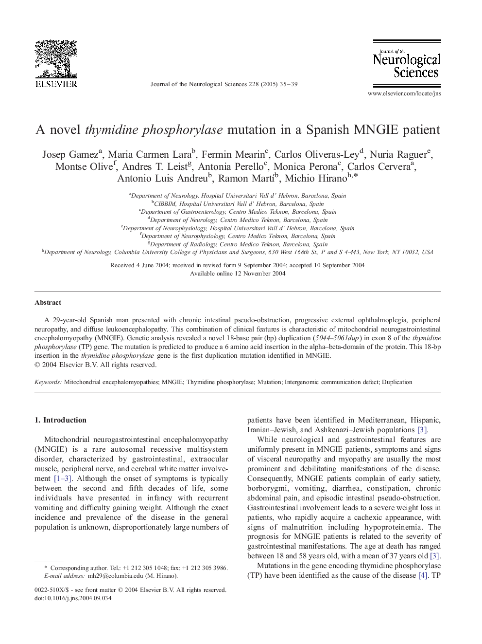 A novel thymidine phosphorylase mutation in a Spanish MNGIE patient