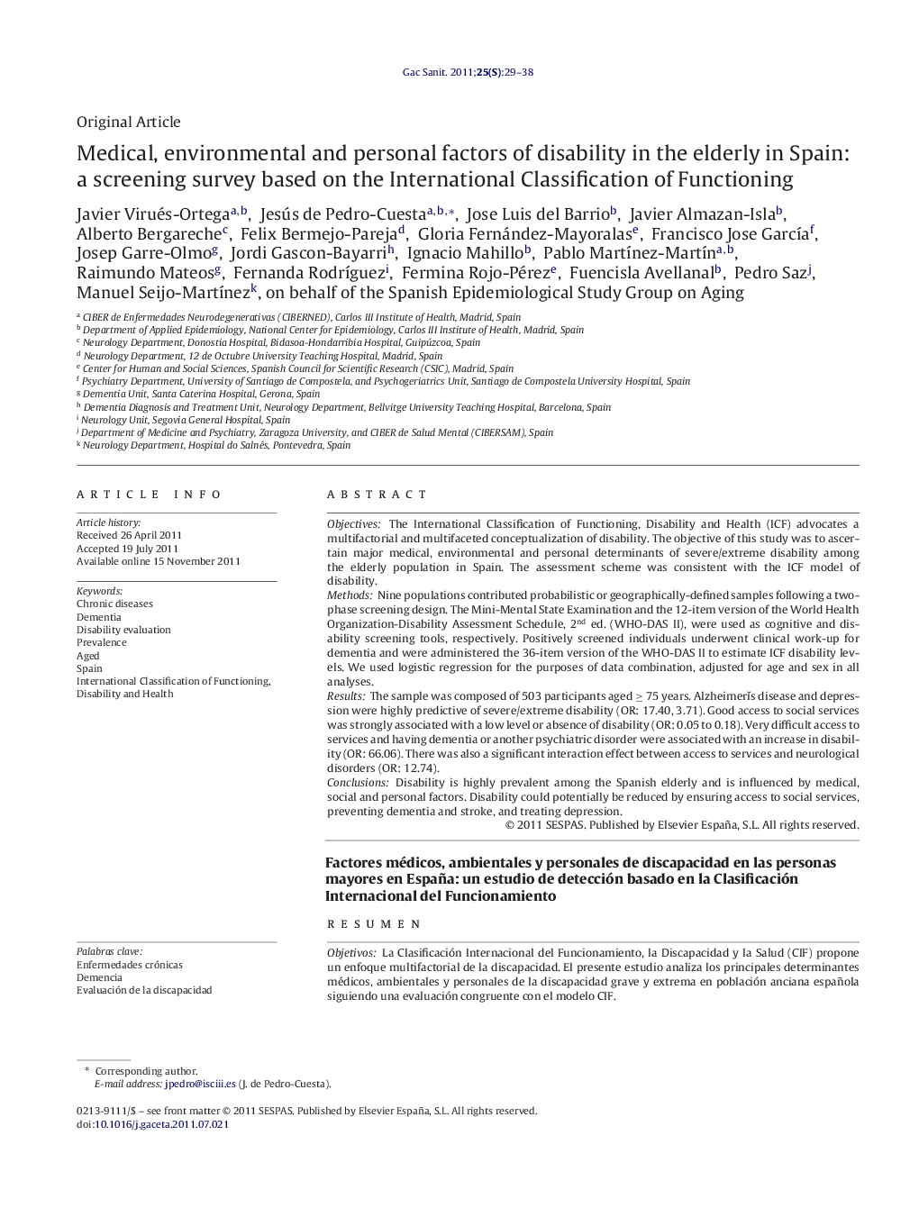 Medical, environmental and personal factors of disability in the elderly in Spain: a screening survey based on the International Classification of Functioning