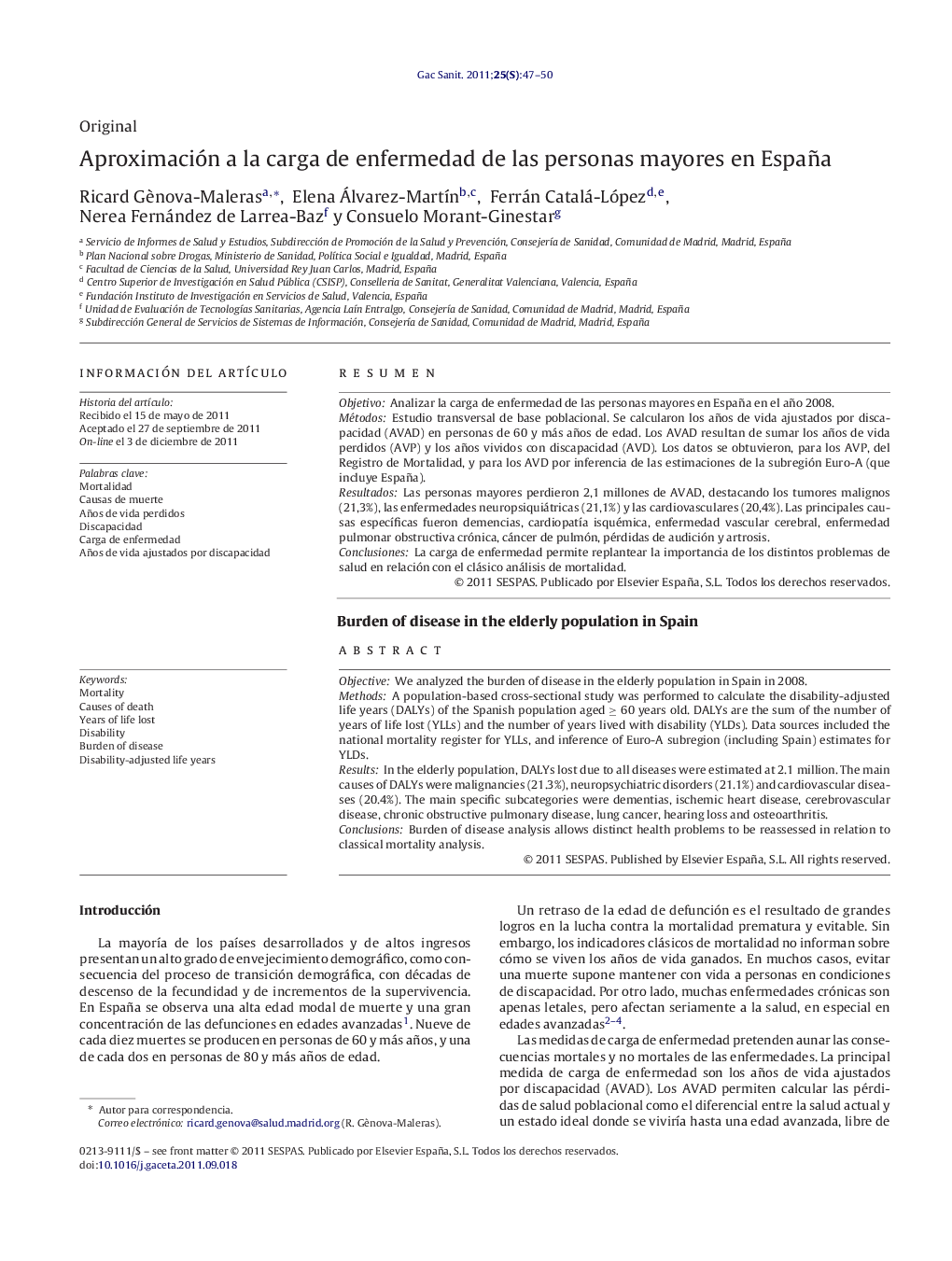 Aproximación a la carga de enfermedad de las personas mayores en España