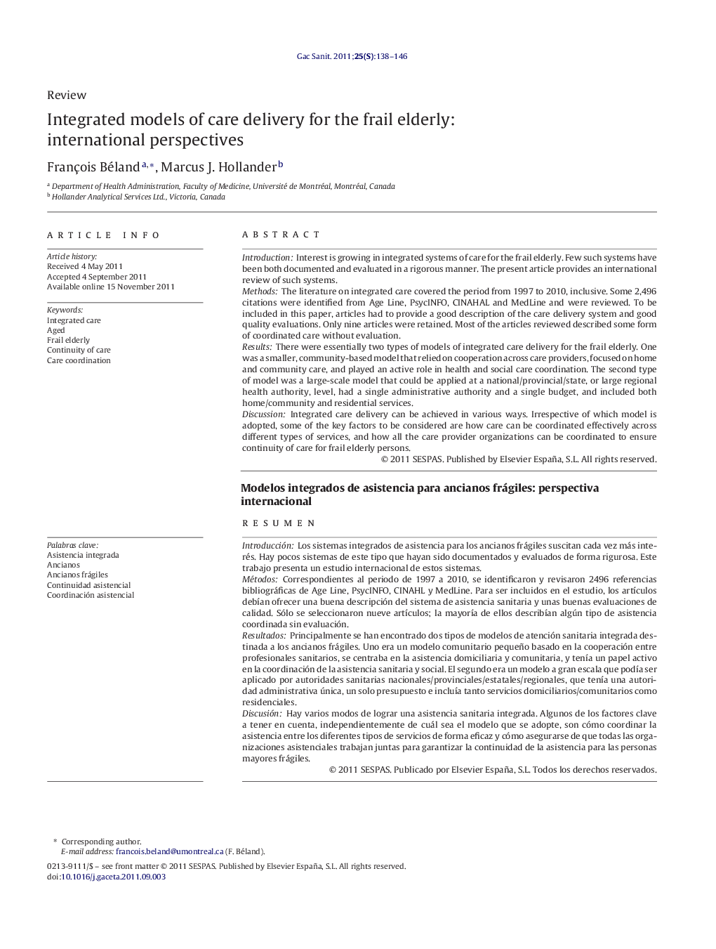 Integrated models of care delivery for the frail elderly: international perspectives