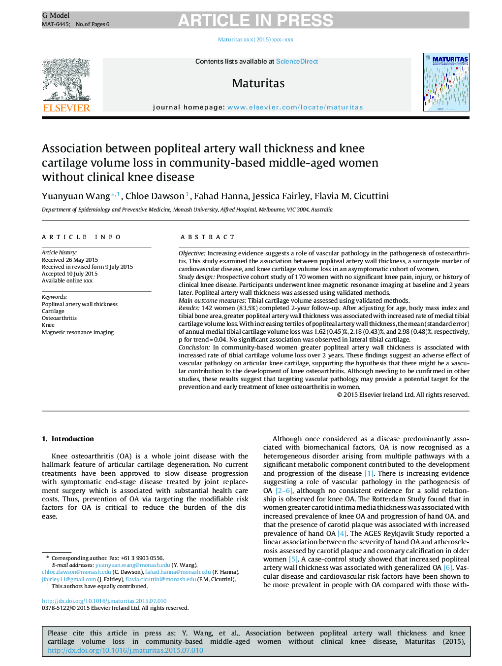 Association between popliteal artery wall thickness and knee cartilage volume loss in community-based middle-aged women without clinical knee disease