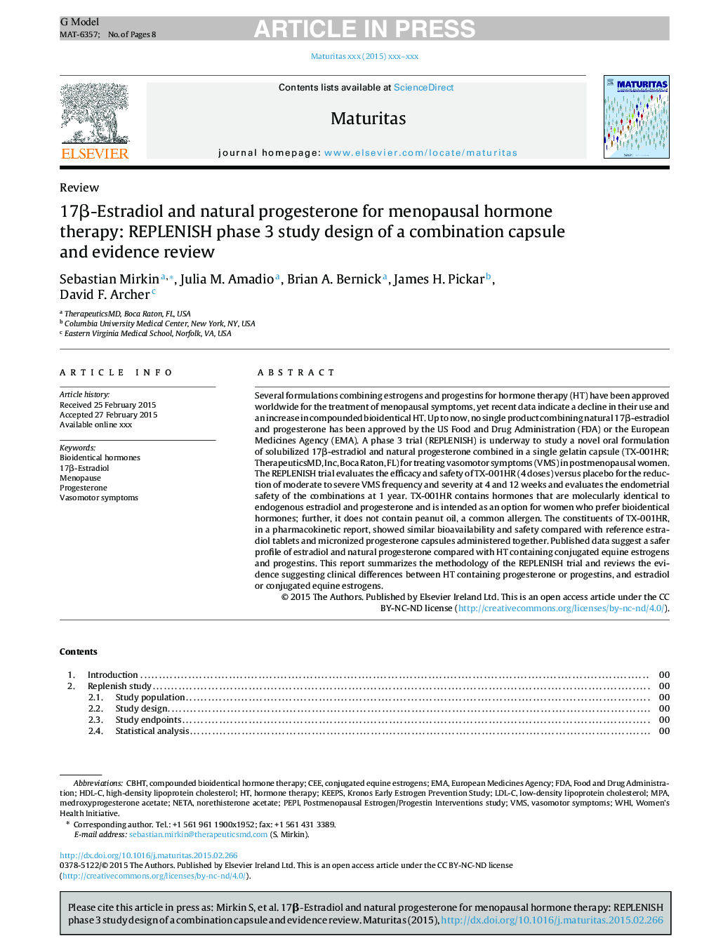 17Î²-Estradiol and natural progesterone for menopausal hormone therapy: REPLENISH phase 3 study design of a combination capsule and evidence review