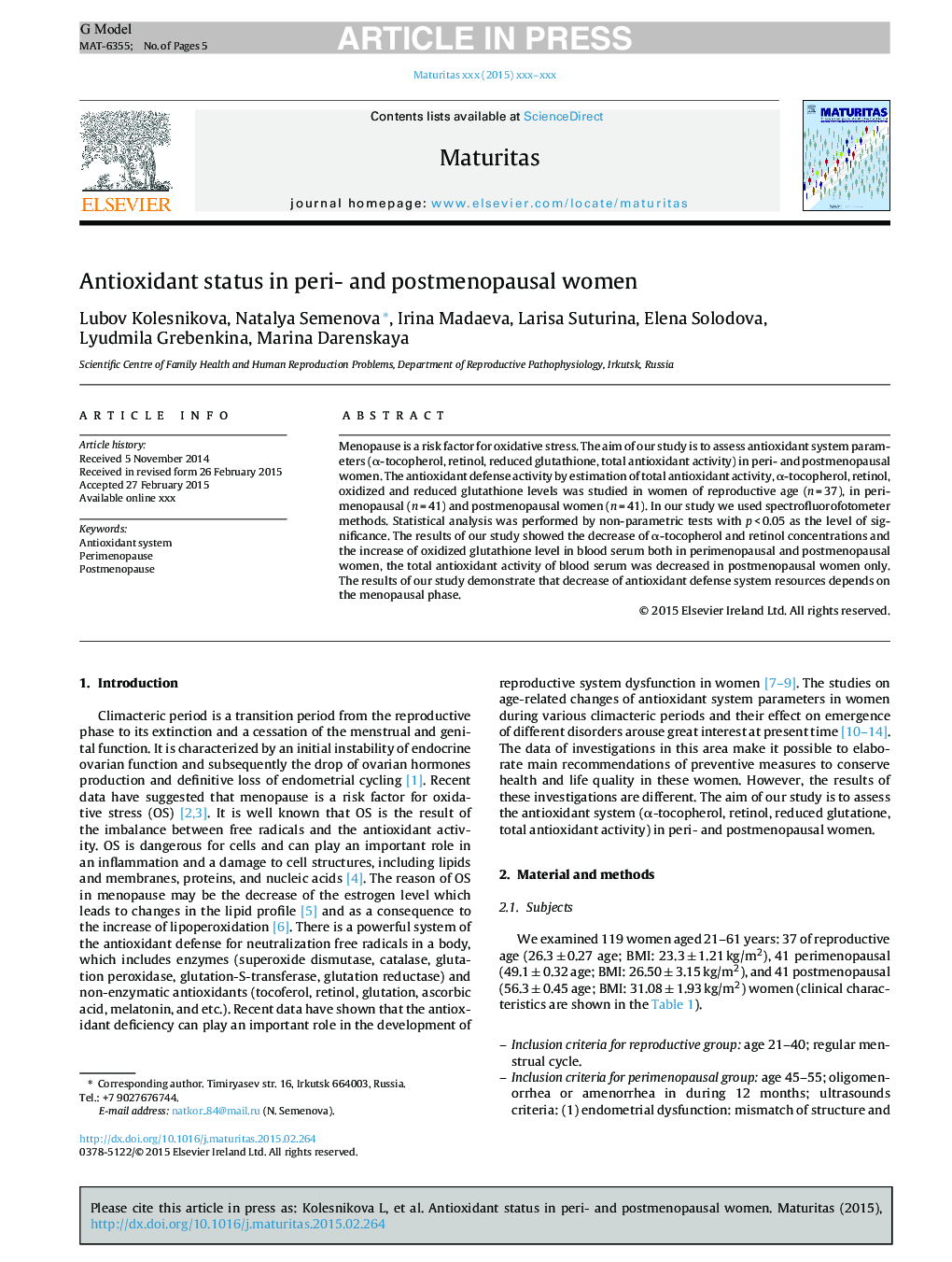 Antioxidant status in peri- and postmenopausal women