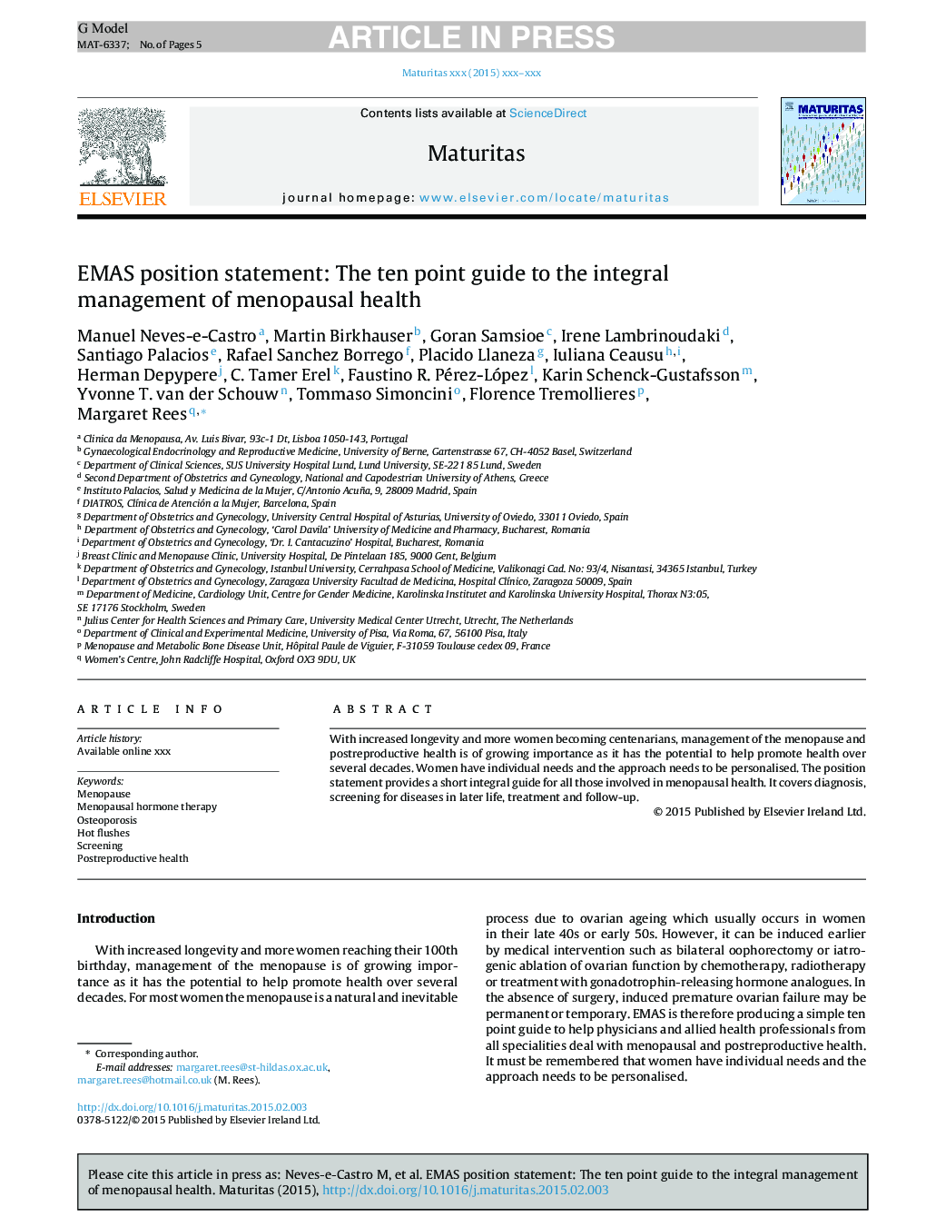 EMAS position statement: The ten point guide to the integral management of menopausal health