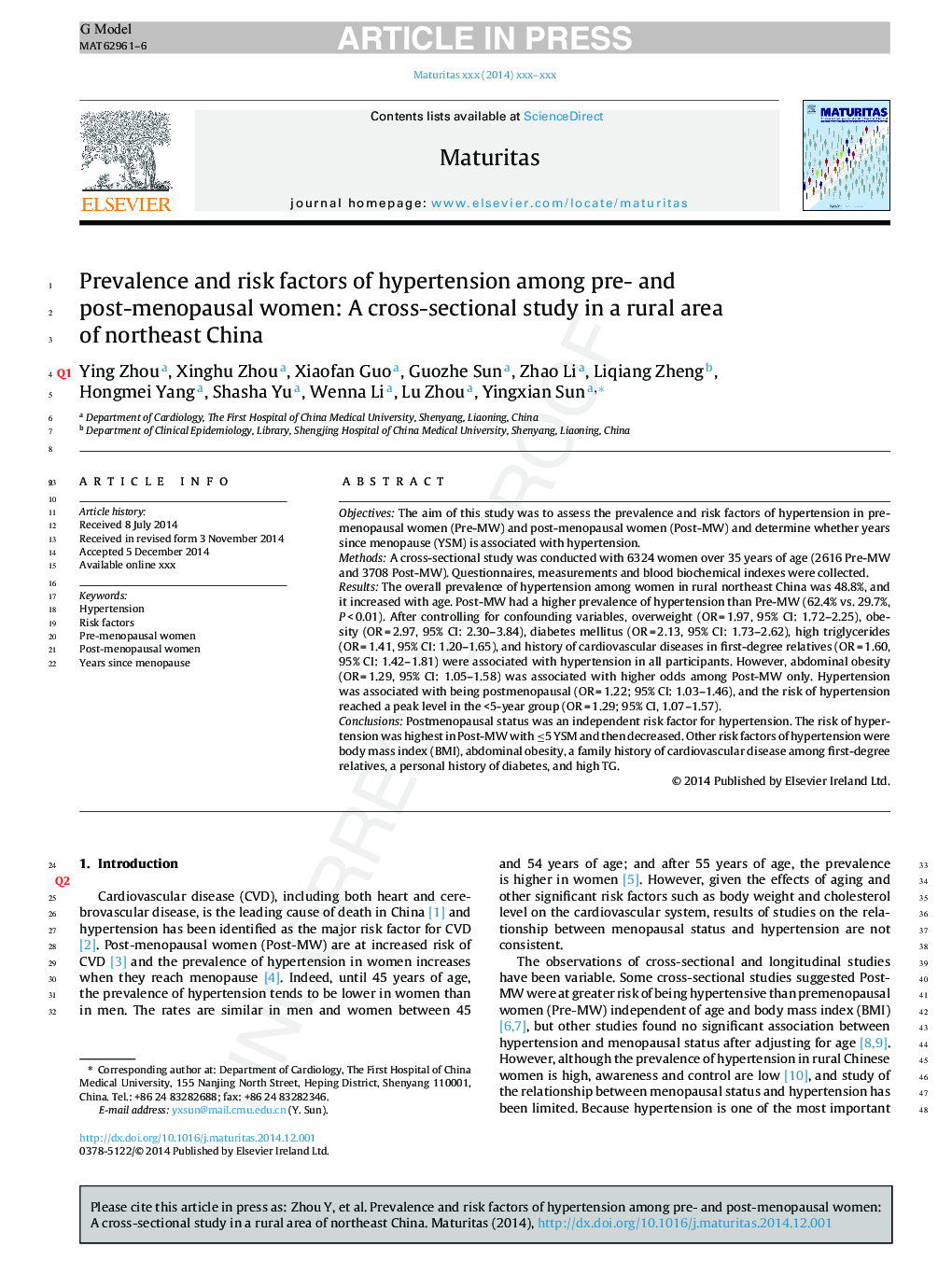 Prevalence and risk factors of hypertension among pre- and post-menopausal women: A cross-sectional study in a rural area of northeast China