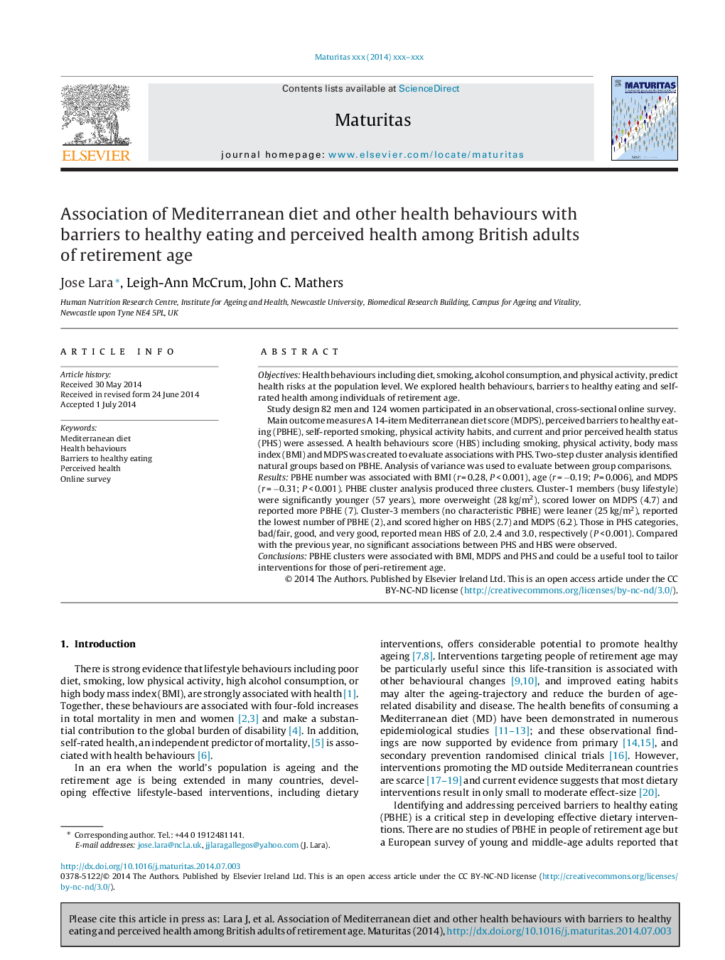 Association of Mediterranean diet and other health behaviours with barriers to healthy eating and perceived health among British adults of retirement age