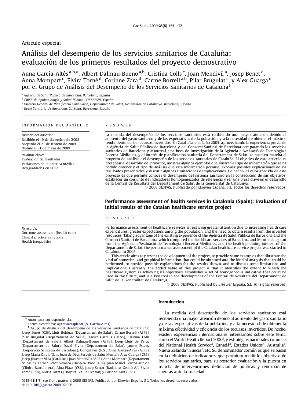 Análisis del desempeño de los servicios sanitarios de Cataluña: evaluación de los primeros resultados del proyecto demostrativo