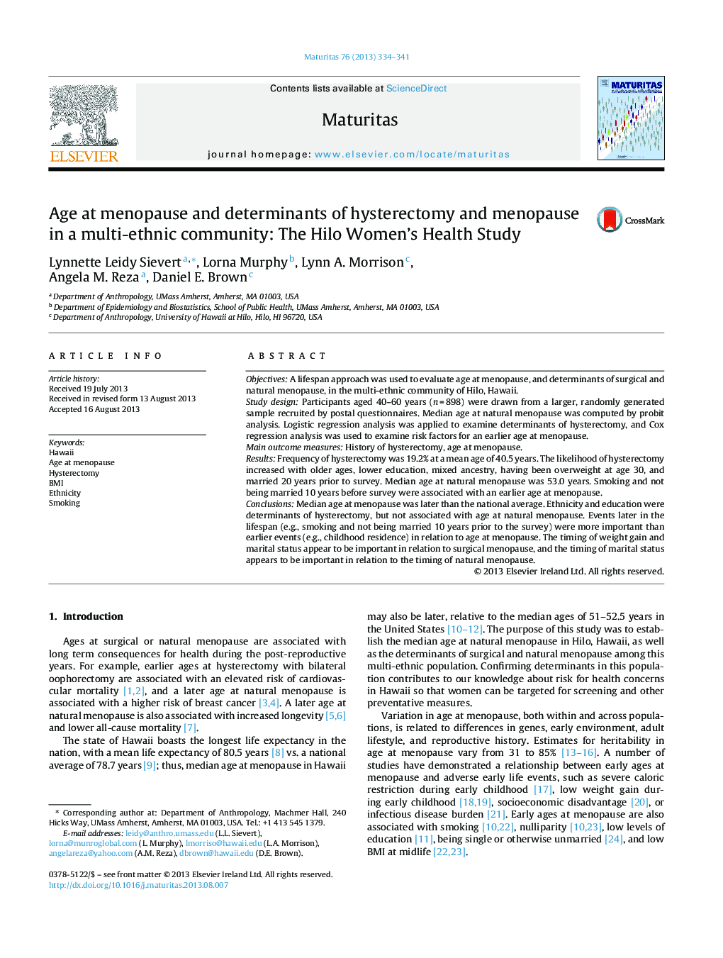 سن در منوپوز و عوامل تعیین کننده هیسترکتومی و یائسگی در جامعه چند قومی: مطالعه سلامت زنان هیلو 