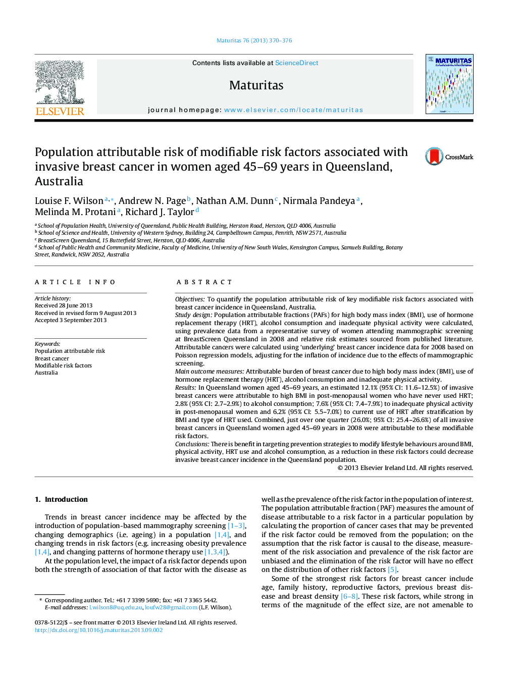 Population attributable risk of modifiable risk factors associated with invasive breast cancer in women aged 45-69 years in Queensland, Australia