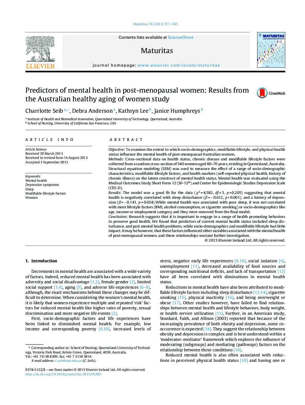 Predictors of mental health in post-menopausal women: Results from the Australian healthy aging of women study