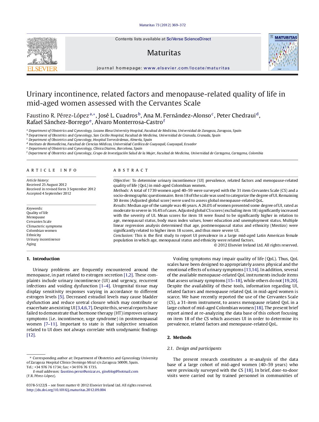 Urinary incontinence, related factors and menopause-related quality of life in mid-aged women assessed with the Cervantes Scale