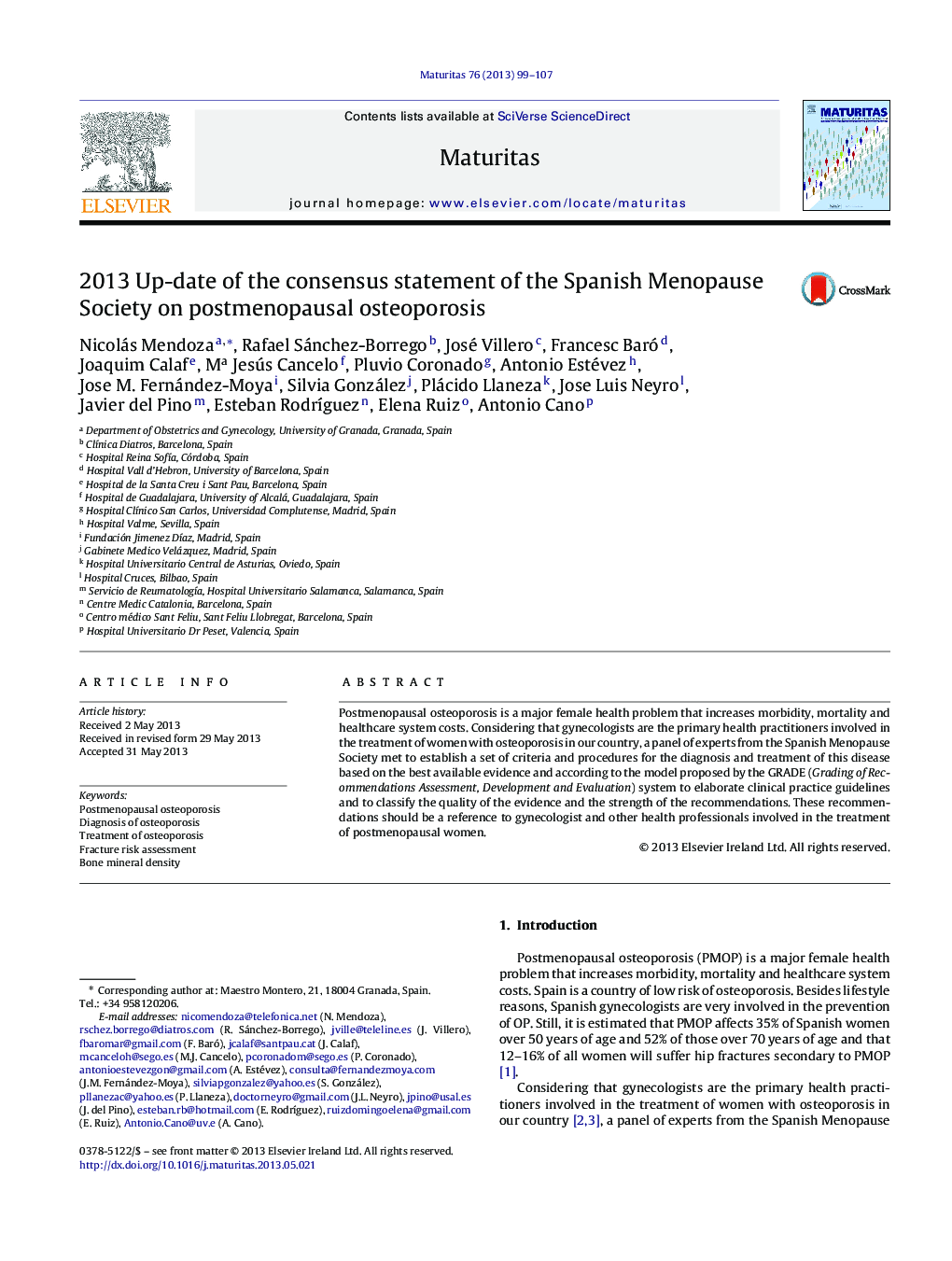 2013 Up-date of the consensus statement of the Spanish Menopause Society on postmenopausal osteoporosis