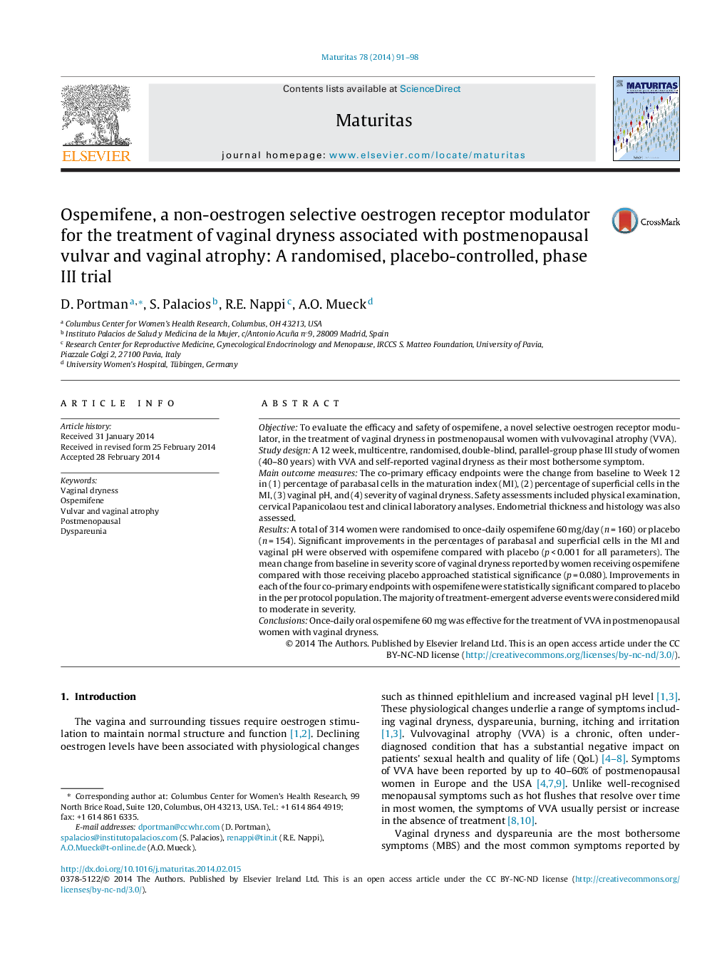 Ospemifene, a non-oestrogen selective oestrogen receptor modulator for the treatment of vaginal dryness associated with postmenopausal vulvar and vaginal atrophy: A randomised, placebo-controlled, phase III trial