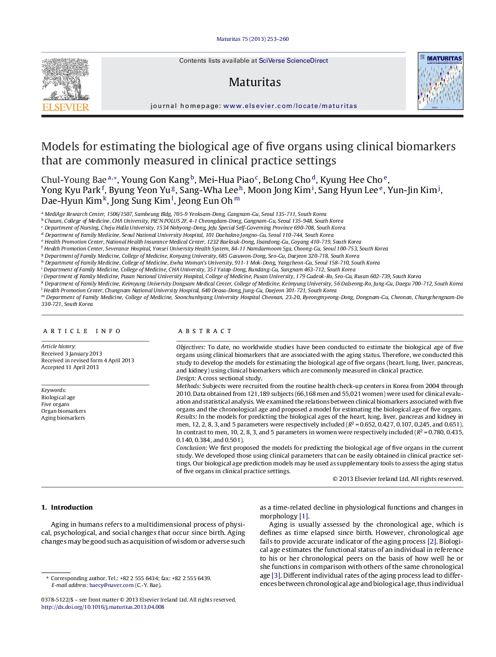 Models for estimating the biological age of five organs using clinical biomarkers that are commonly measured in clinical practice settings