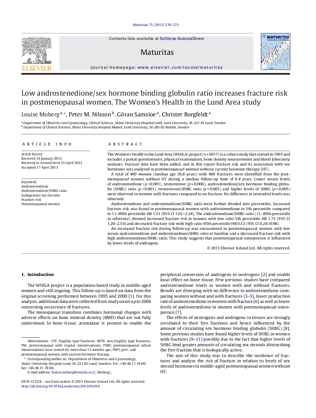 Low androstenedione/sex hormone binding globulin ratio increases fracture risk in postmenopausal women. The Women's Health in the Lund Area study