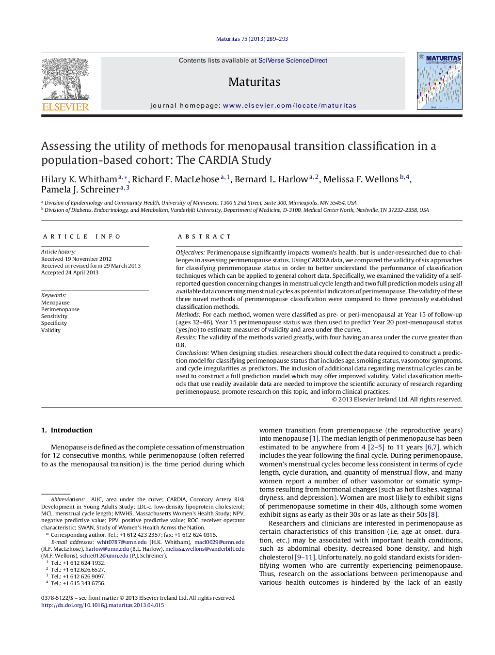 Assessing the utility of methods for menopausal transition classification in a population-based cohort: The CARDIA Study