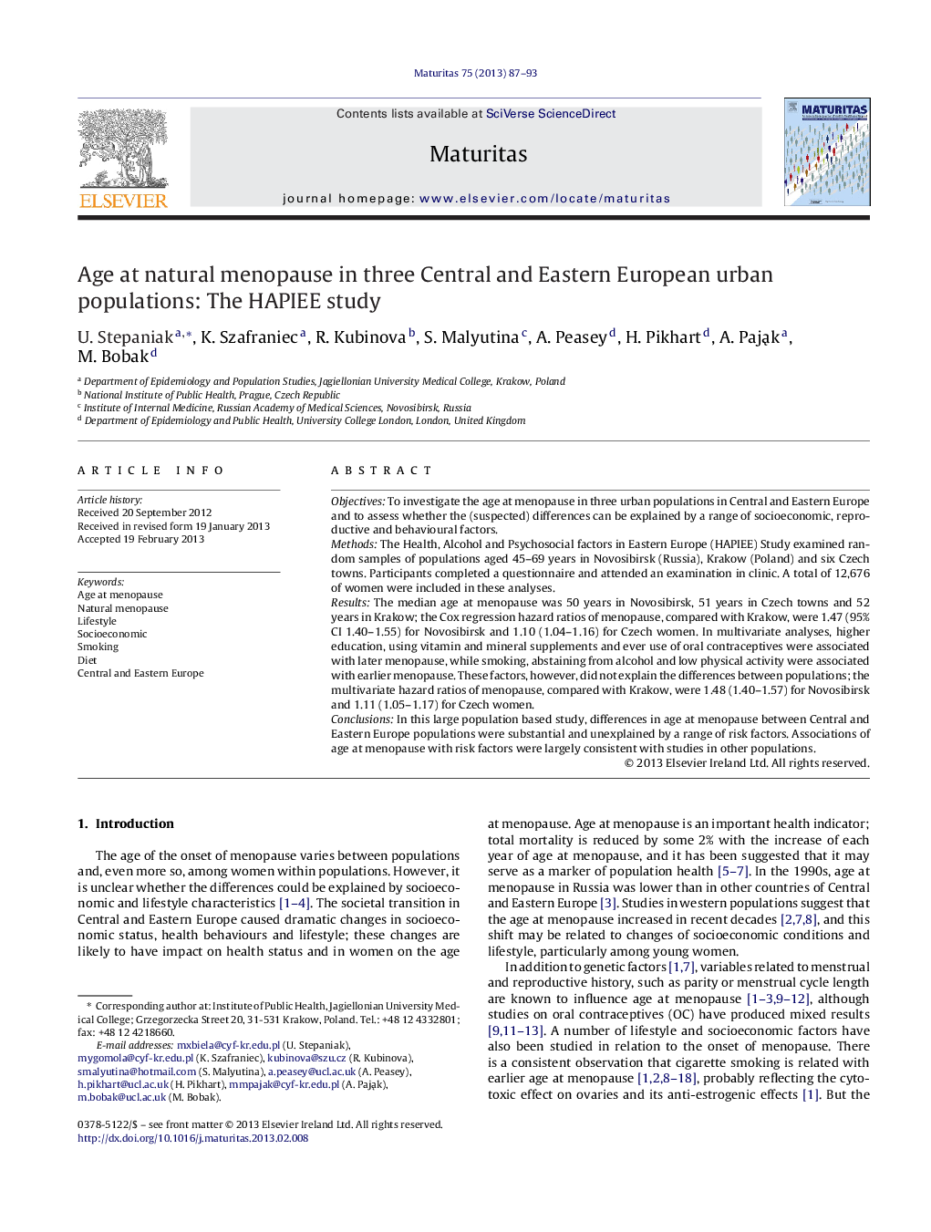 Age at natural menopause in three Central and Eastern European urban populations: The HAPIEE study