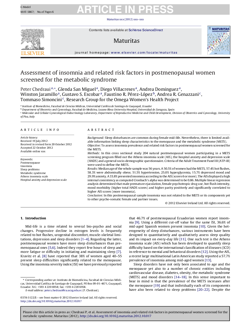 Assessment of insomnia and related risk factors in postmenopausal women screened for the metabolic syndrome