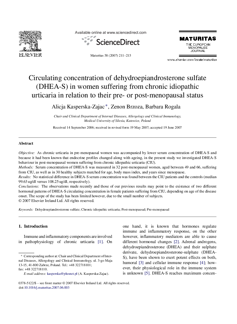 Circulating concentration of dehydroepiandrosterone sulfate (DHEA-S) in women suffering from chronic idiopathic urticaria in relation to their pre- or post-menopausal status