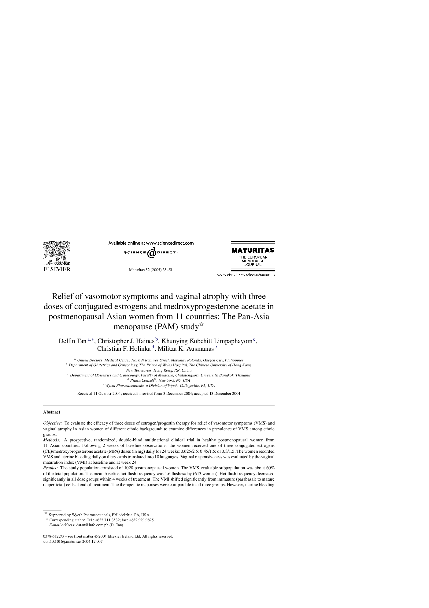 Relief of vasomotor symptoms and vaginal atrophy with three doses of conjugated estrogens and medroxyprogesterone acetate in postmenopausal Asian women from 11 countries: The Pan-Asia menopause (PAM) study