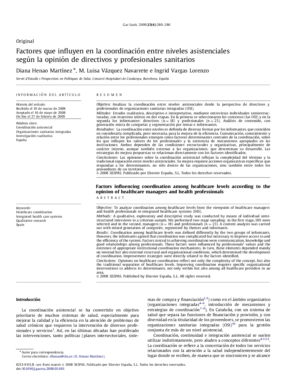 Factores que influyen en la coordinación entre niveles asistenciales según la opinión de directivos y profesionales sanitarios