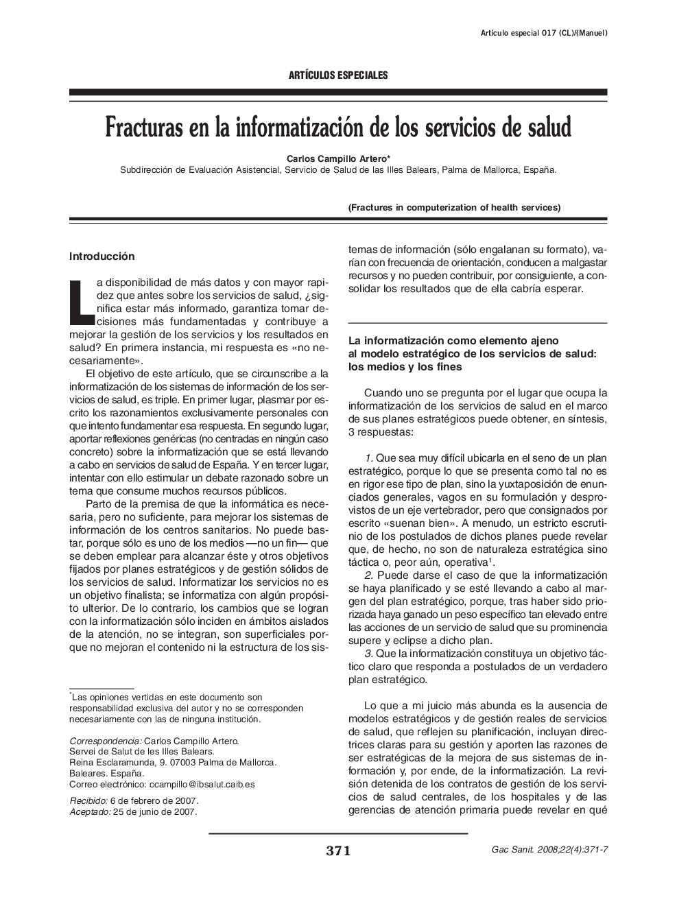 عکس صفحه اول مقاله: Fracturas en la informatización de los servicios de salud Fracturas en la informatización de los servicios de salud