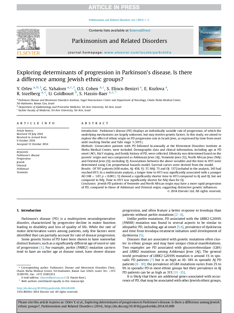 Exploring determinants of progression in Parkinson's disease. Is there a difference among Jewish ethnic groups?