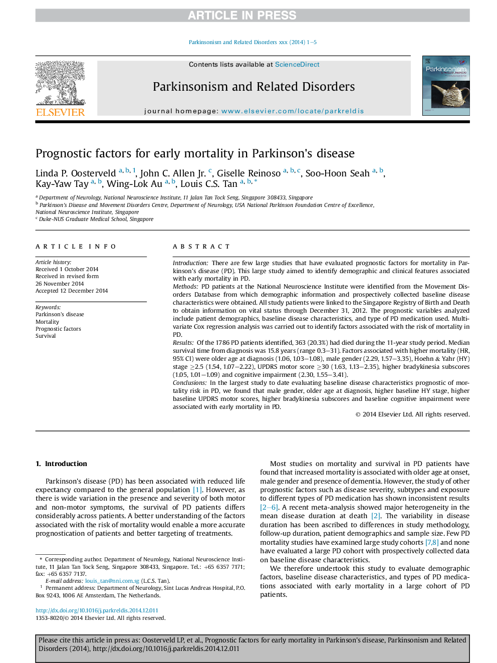 Prognostic factors for early mortality in Parkinson's disease