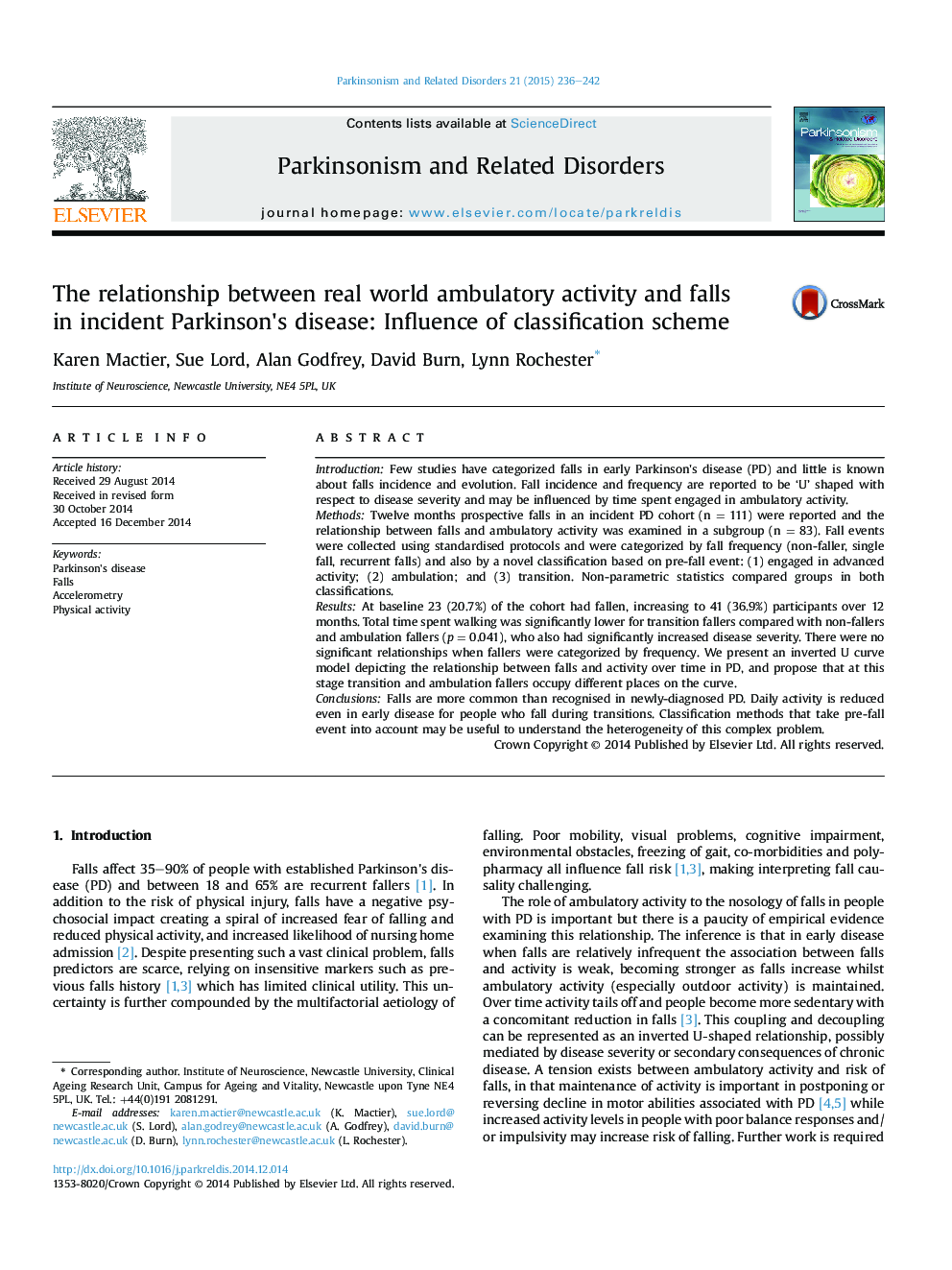 The relationship between real world ambulatory activity and falls in incident Parkinson's disease: Influence of classification scheme