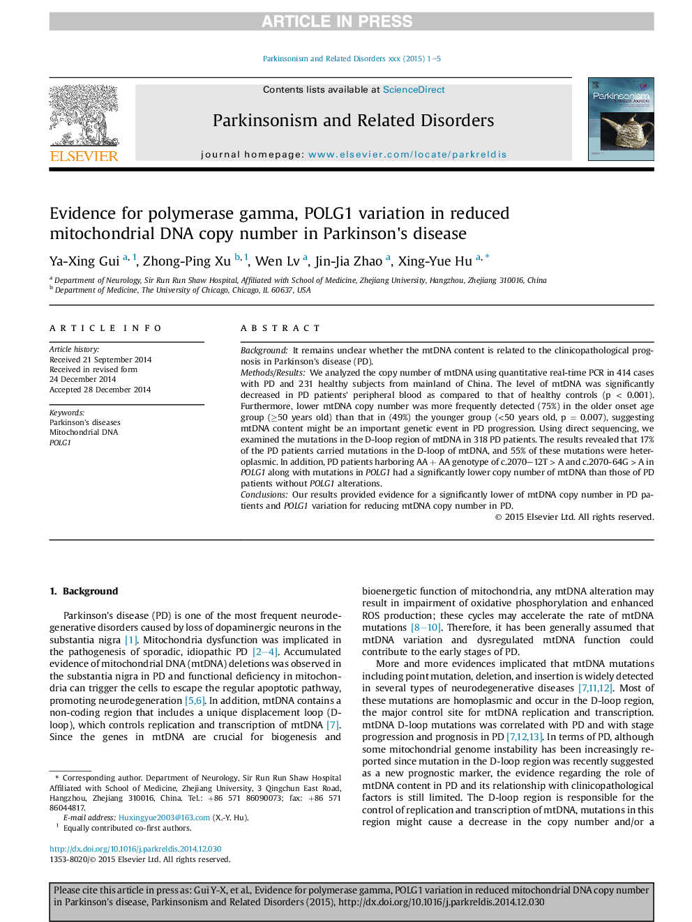 Evidence for polymerase gamma, POLG1 variation in reduced mitochondrial DNA copy number in Parkinson's disease