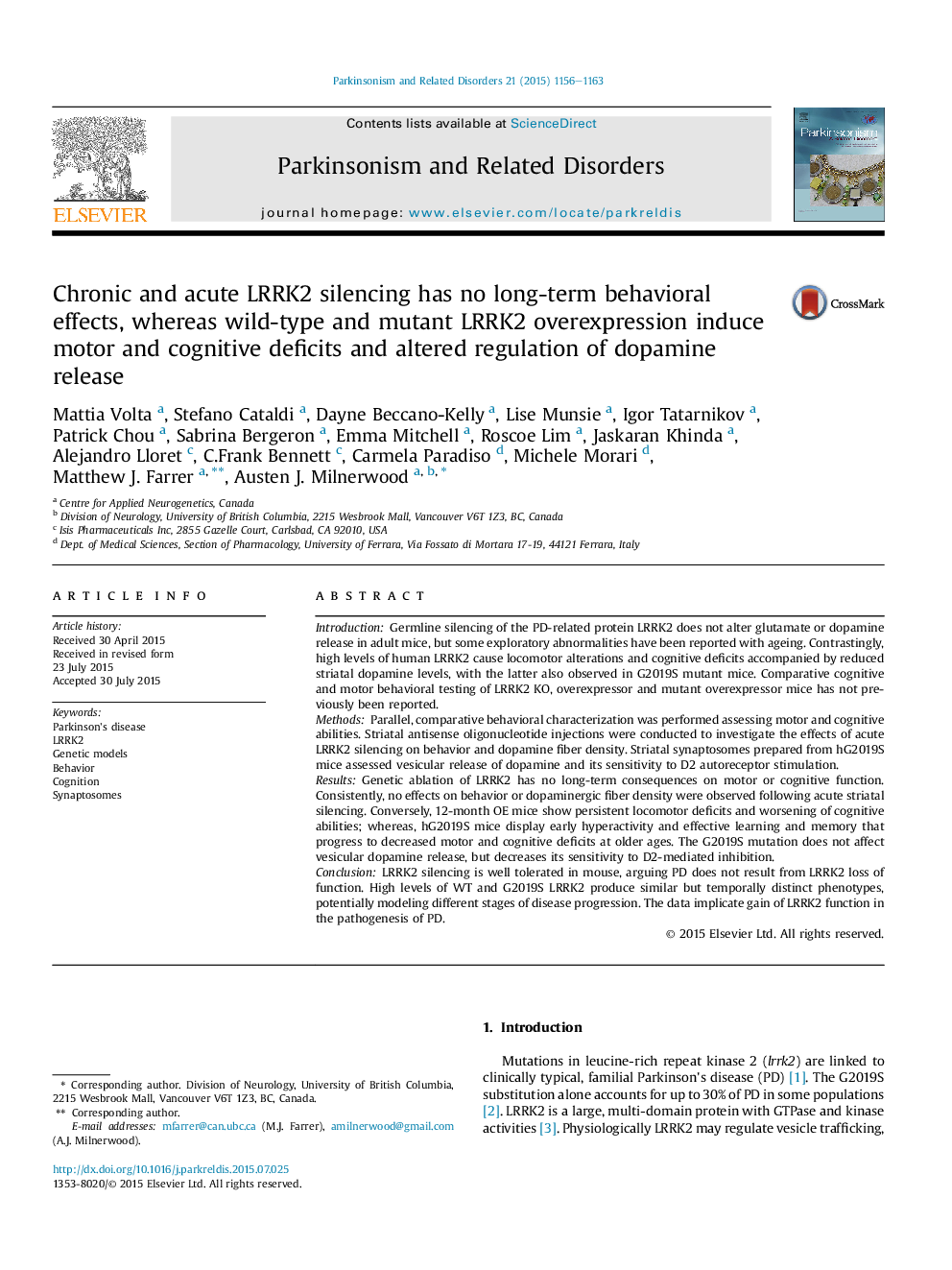 Chronic and acute LRRK2 silencing has no long-term behavioral effects, whereas wild-type and mutant LRRK2 overexpression induce motor and cognitive deficits and altered regulation of dopamine release