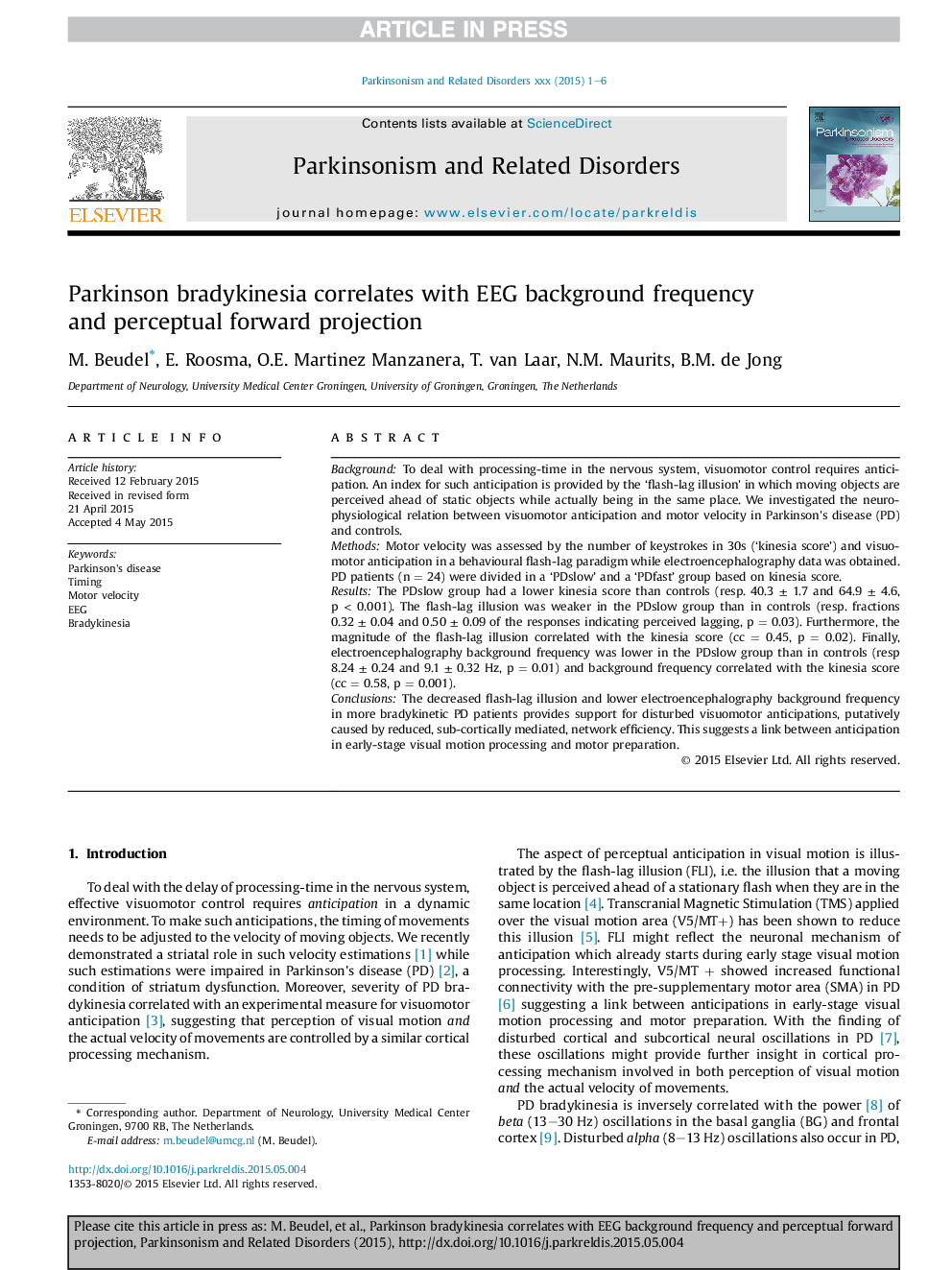 Parkinson bradykinesia correlates with EEG background frequency and perceptual forward projection