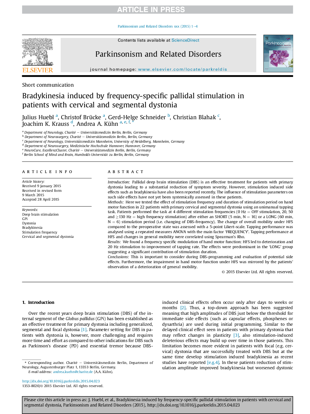 Bradykinesia induced by frequency-specific pallidal stimulation in patients with cervical and segmental dystonia